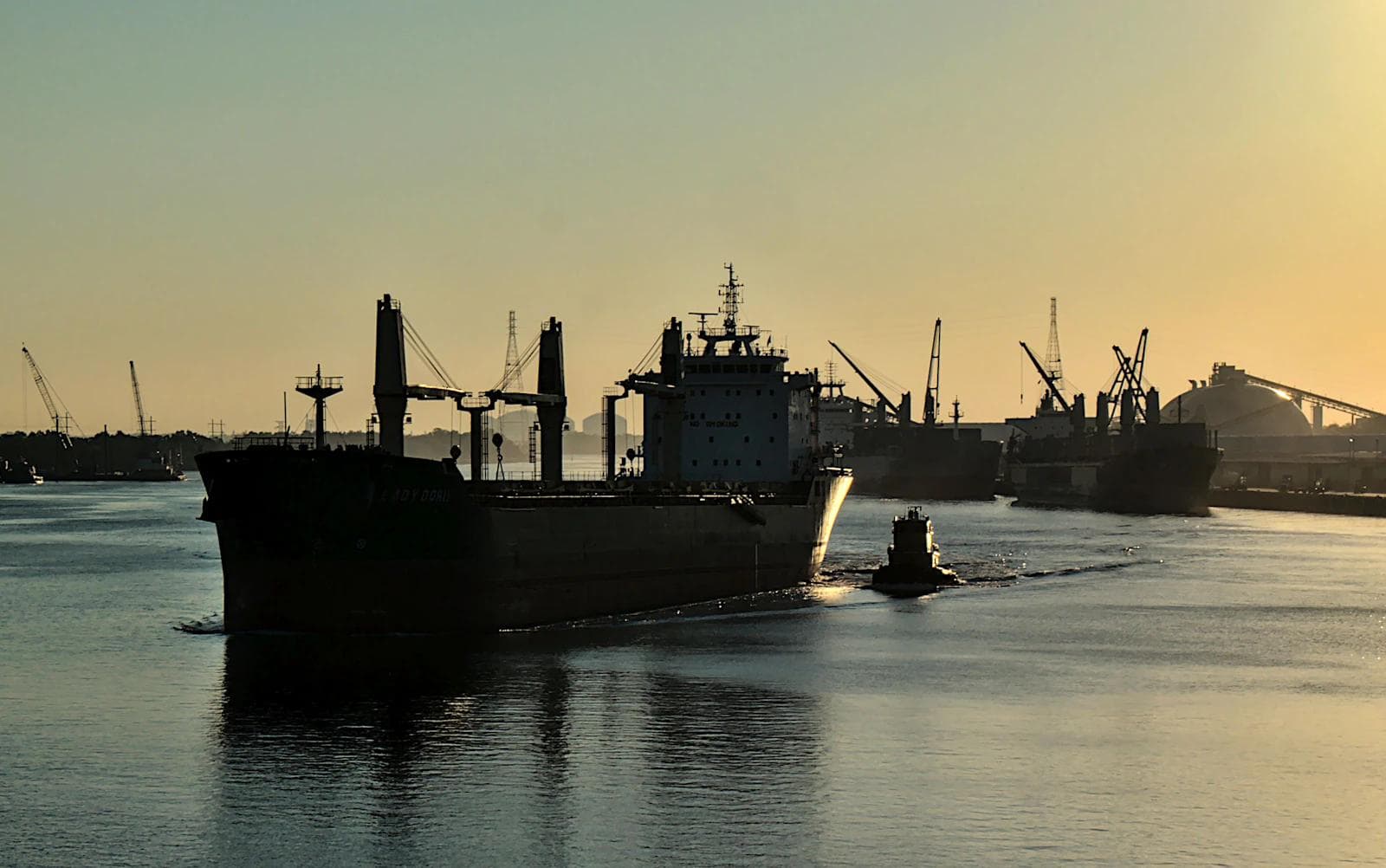 Aerial view of a bulk cargo ship docked at an industrial port terminal with gantry cranes at dusk